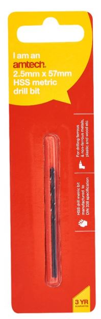 Amtech High speed steel (HSS) metric drill bit (2.5mm x 57mm)