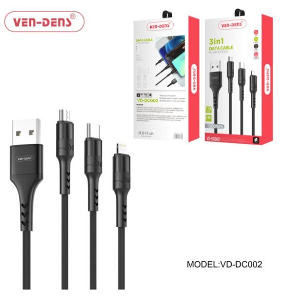 Ven-Dens 3 in 1 USB to Type C, Lightning and Micro Charging Cable 2.5A 1.2M Black
