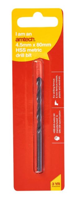 Amtech High speed steel (HSS) metric drill bit (4.5mm x 80mm)