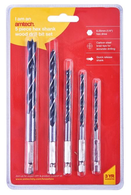 Amtech 5pc Hex Shank Wood Drill Bit Set