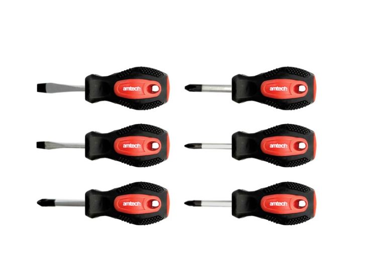 Amtech 6pc Stubby Screwdriver Set – Slotted, Phillips & Pozidriv Tips with Soft Grip Handles