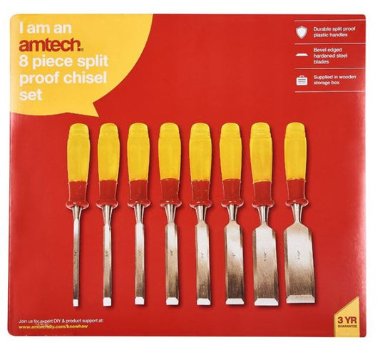 Amtech 8 Piece split proof chisel set in wooden box