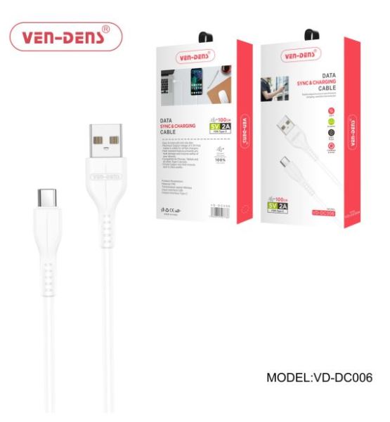 Ven-Dens USB To Type C Charging Cable 2A White 1M